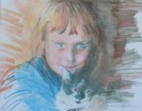 Dziewczynka z kotem - pastel suchy. Autor: Stefan Bigda